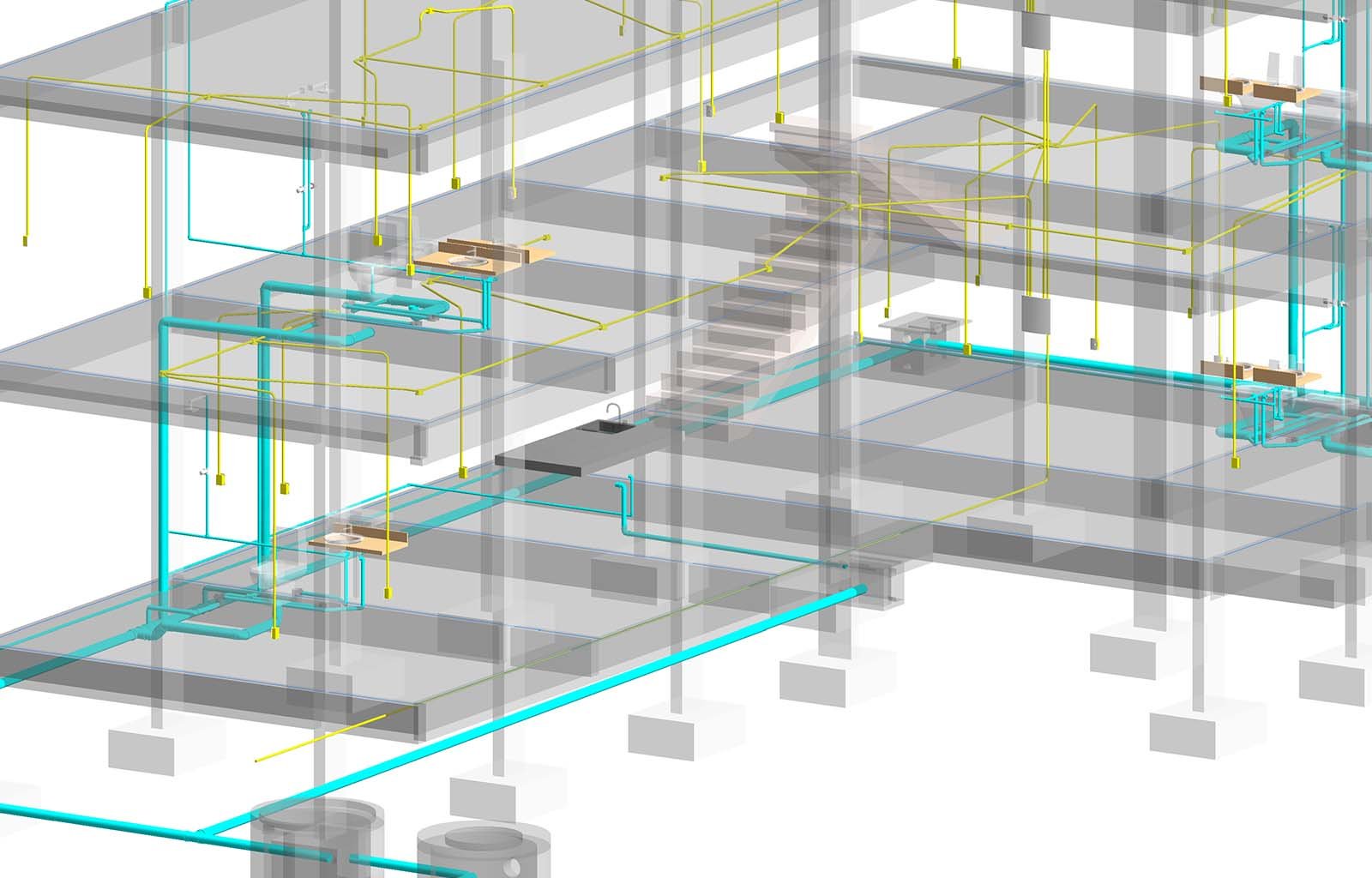 Render isométrico das instalações hidrossanitárias e elétricas
